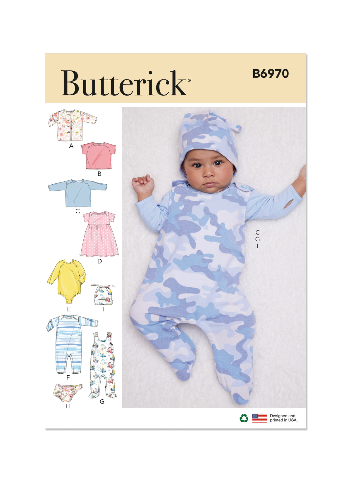 Butterick B6970 sewing pattern envelope showing a loose-fitting baby jacket, pullover tops, dress and rompers