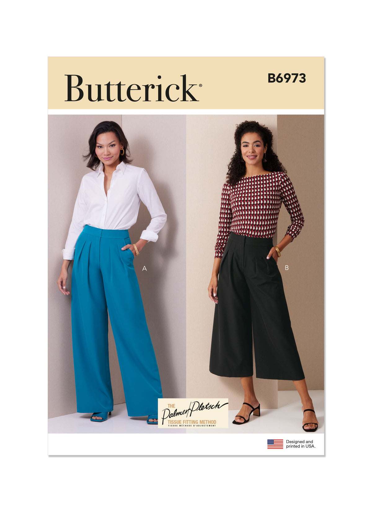 Butterick B6973 sewing pattern envelope showing wide leg and cropped trousers