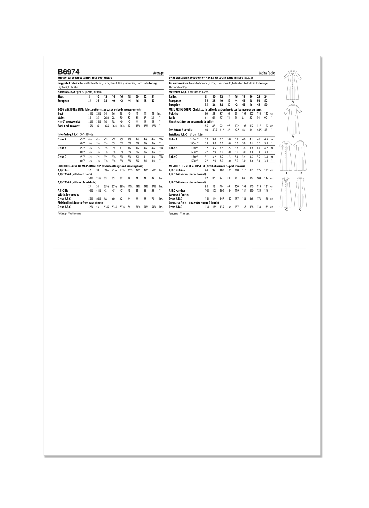 Butterick B6974 sewing pattern envelope showing a classic fit shirtdress