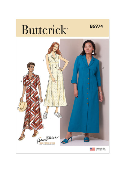 Butterick B6974 sewing pattern envelope showing a classic fit shirtdress