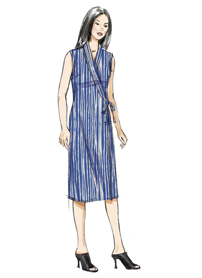 Butterick B6976 sewing pattern envelope showing a straight wrap dress and top