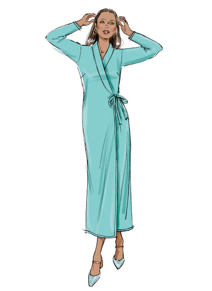 Butterick B6976 sewing pattern envelope showing a straight wrap dress and top