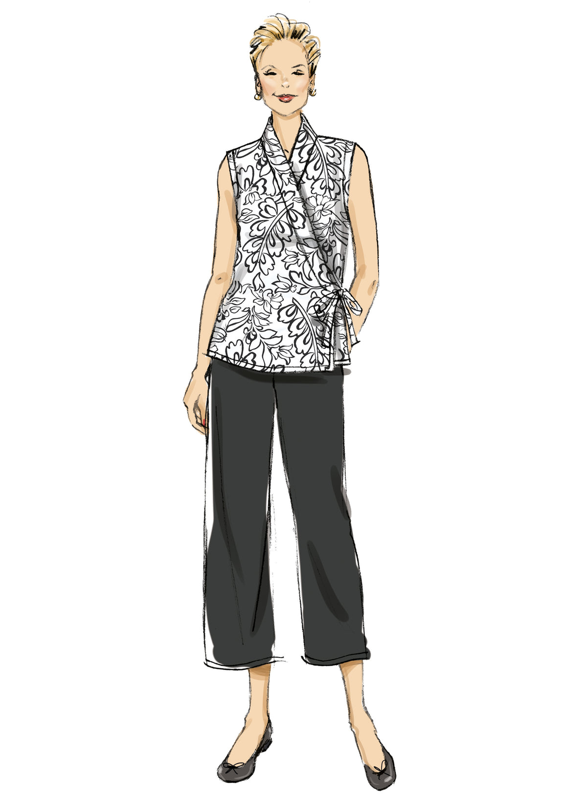 Butterick B6976 sewing pattern envelope showing a straight wrap dress and top