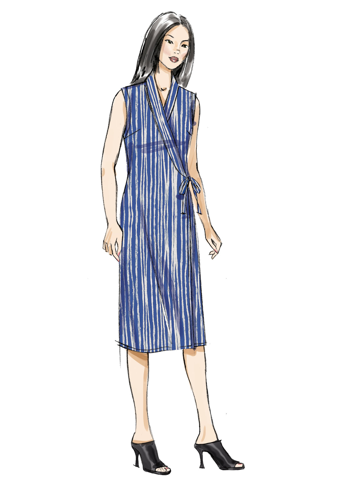 Butterick B6976 sewing pattern envelope showing a straight wrap dress and top
