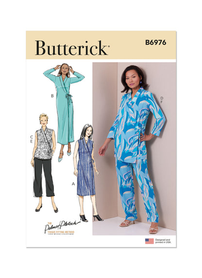 Butterick B6976 sewing pattern envelope showing a straight wrap dress and top