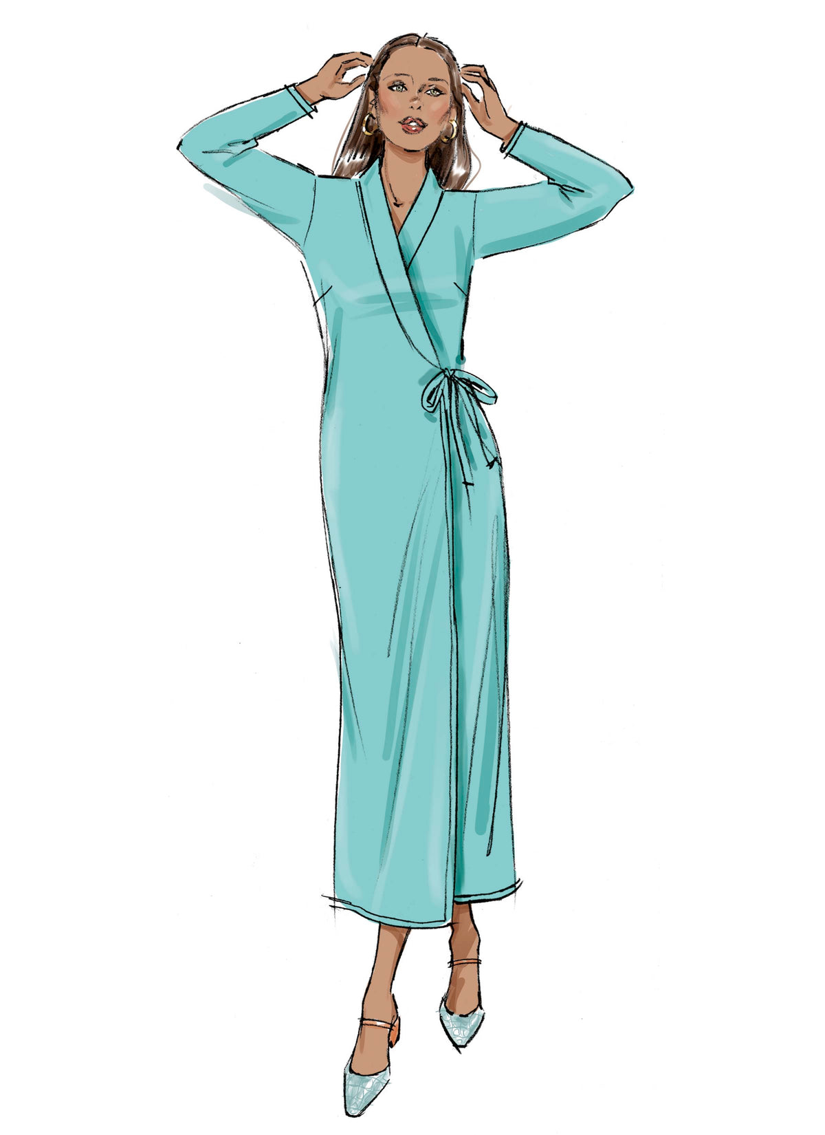 Butterick B6976 sewing pattern envelope showing a straight wrap dress and top