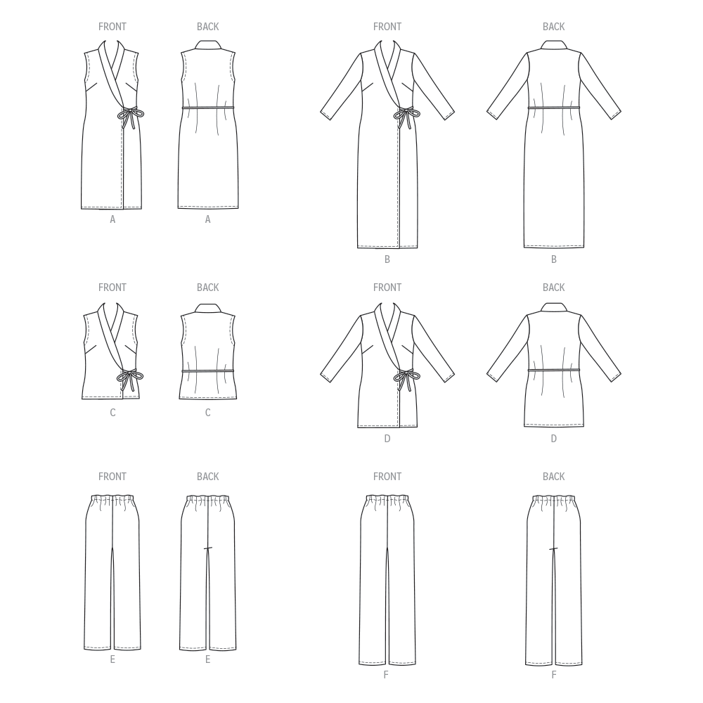 Butterick B6976 sewing pattern envelope showing a straight wrap dress and top