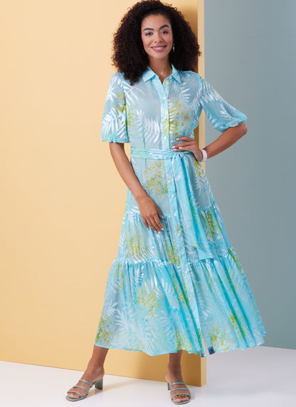 Butterick B6977 sewing pattern envelope showing loose-fitting dresses with a tiered hem