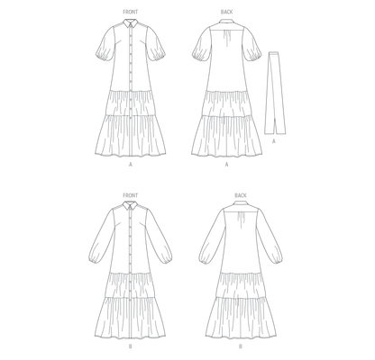 Butterick B6977 sewing pattern envelope showing loose-fitting dresses with a tiered hem