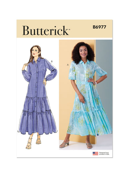 Butterick B6977 sewing pattern envelope showing loose-fitting dresses with a tiered hem