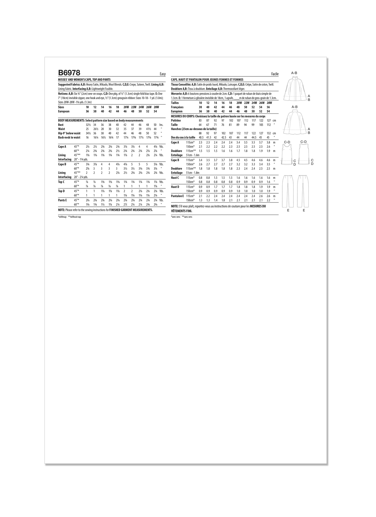 Butterick B6978 sewing pattern envelope showing lined capes
