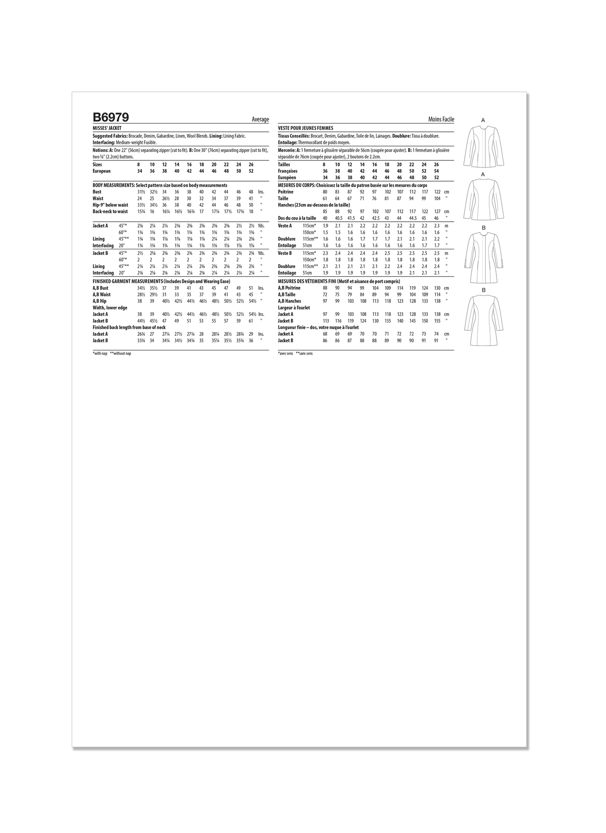 Butterick B6979 sewing pattern envelope showing fitted, lined jackets