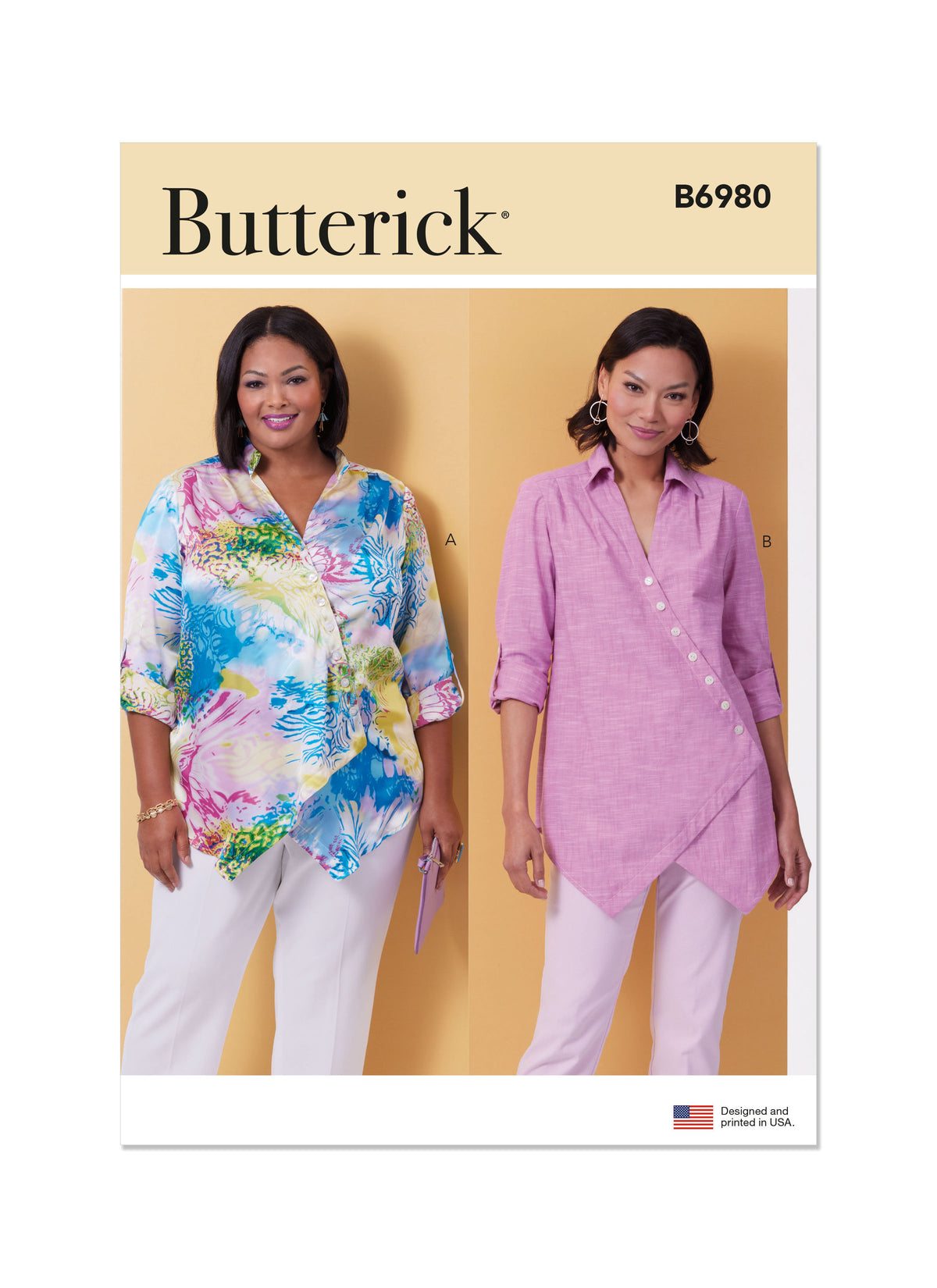 Butterick B6980 sewing pattern envelope showing semi-fitted shirts
