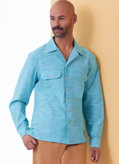 Butterick B6984 sewing pattern envelope showing a loose-fitting camp collar shirt