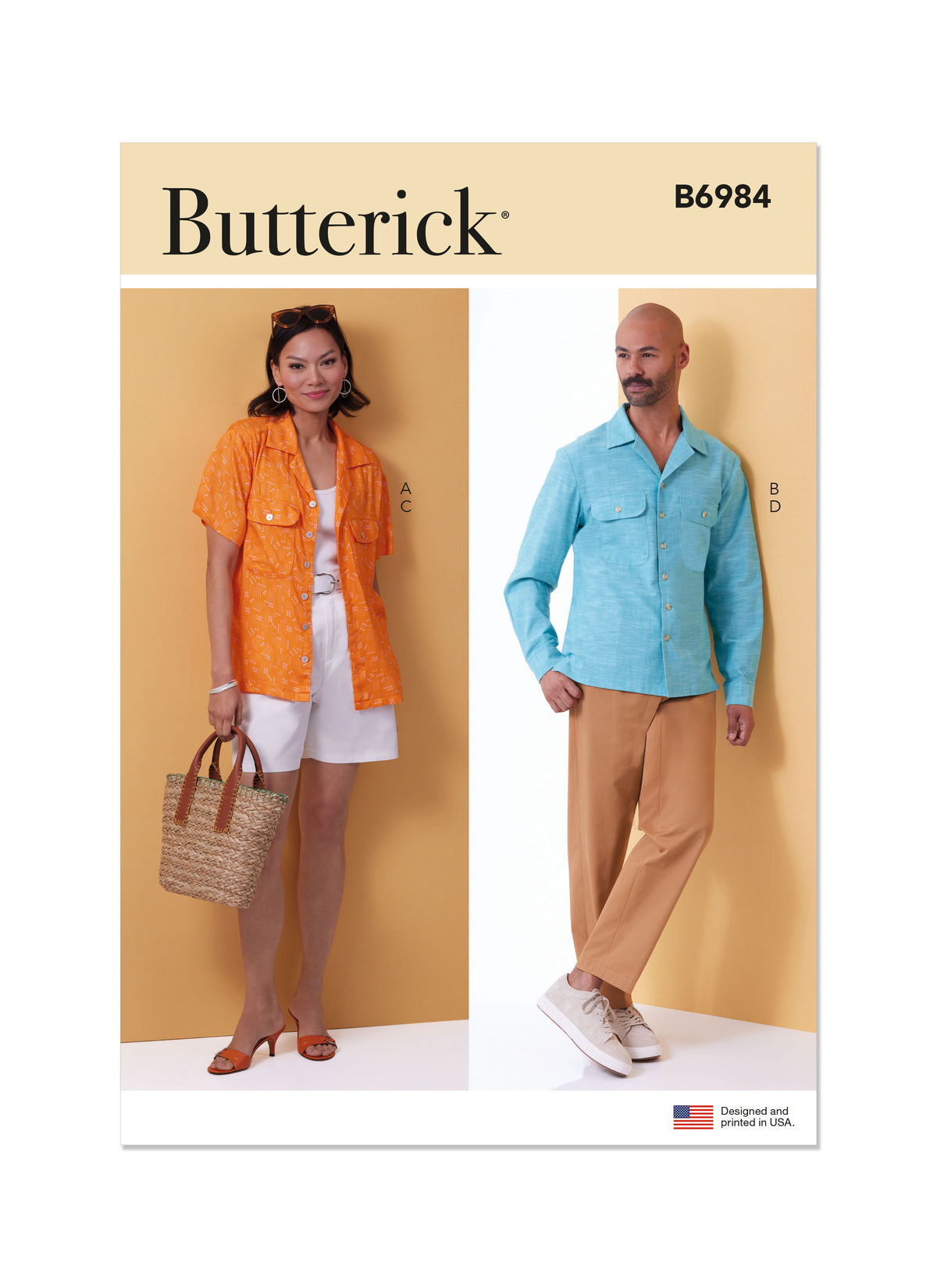 Butterick B6984 sewing pattern envelope showing a loose-fitting camp collar shirt