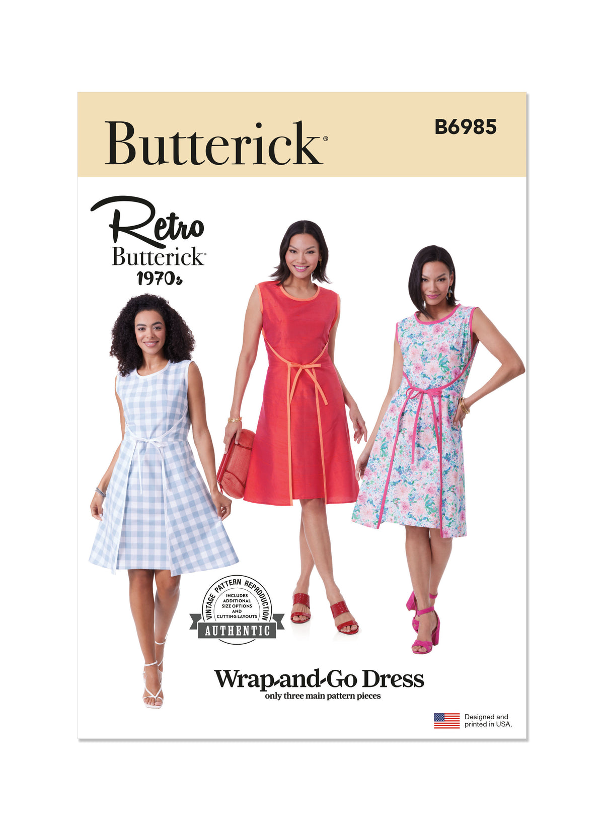 Butterick B6985 sewing pattern envelope showing a vintage 1970s Wrap-and-Go dress