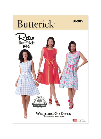 Butterick B6985 sewing pattern envelope showing a vintage 1970s Wrap-and-Go dress