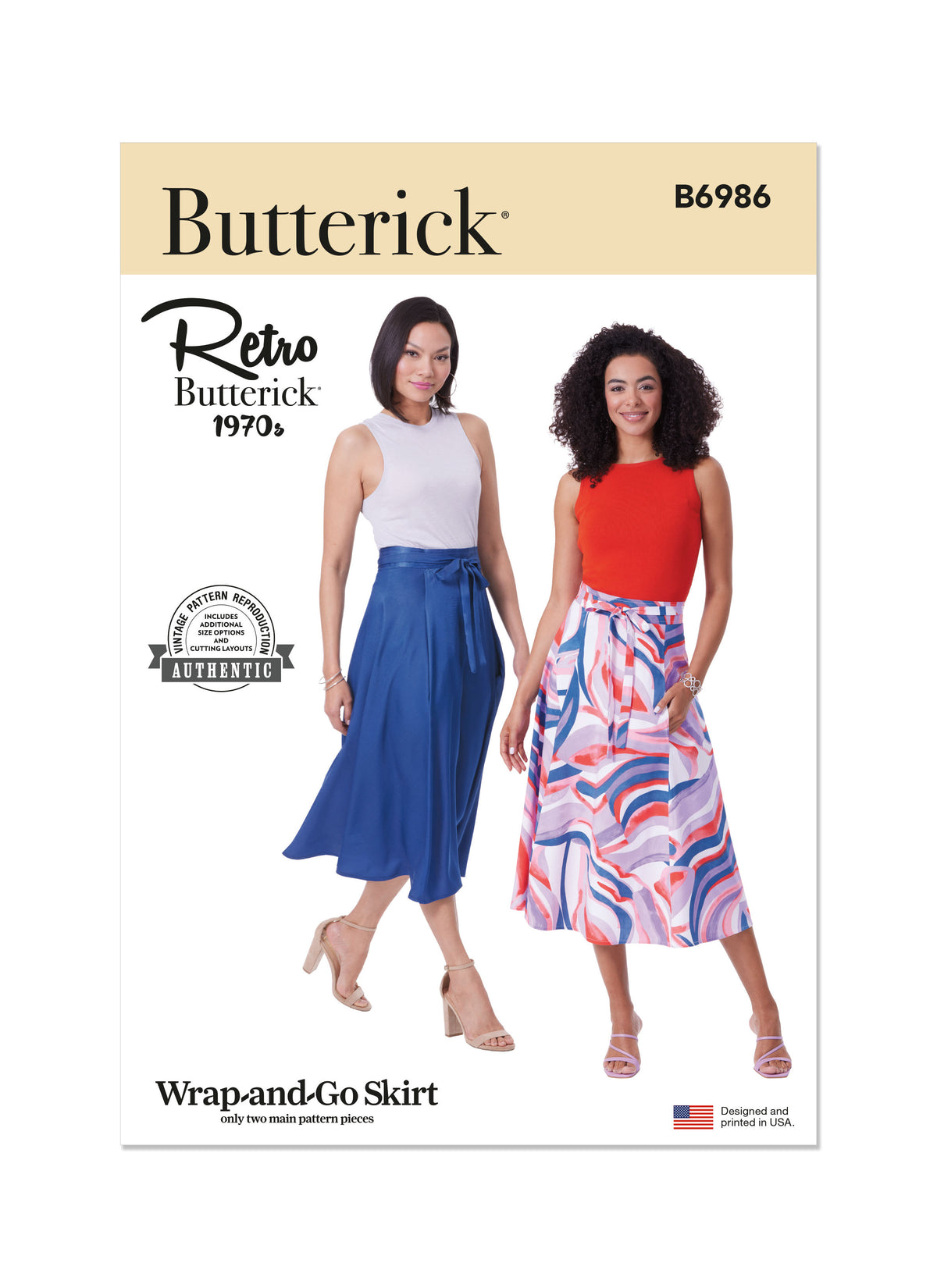 Butterick B6986 sewing pattern envelope showing a vintage 1970s Wrap-and-Go skirt