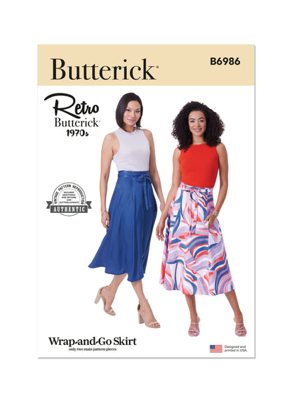 Butterick B6986 sewing pattern envelope showing a vintage 1970s Wrap-and-Go skirt