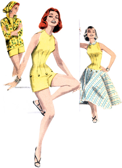 Butterick B6989 sewing pattern envelope showing a vintage 1950s playsuit, blouse and skirt
