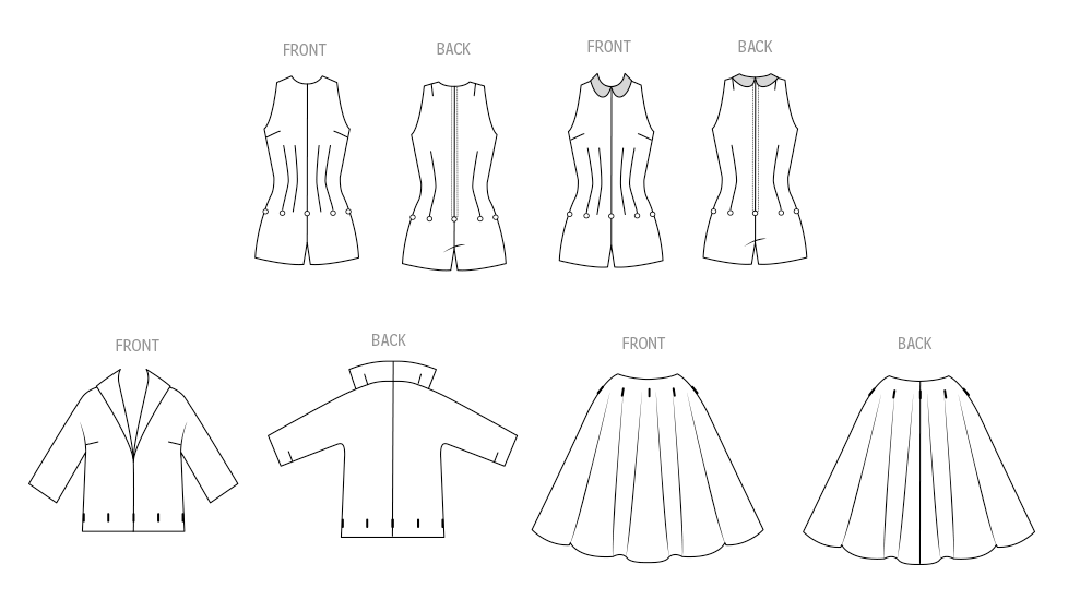 Butterick B6989 sewing pattern envelope showing a vintage 1950s playsuit, blouse and skirt