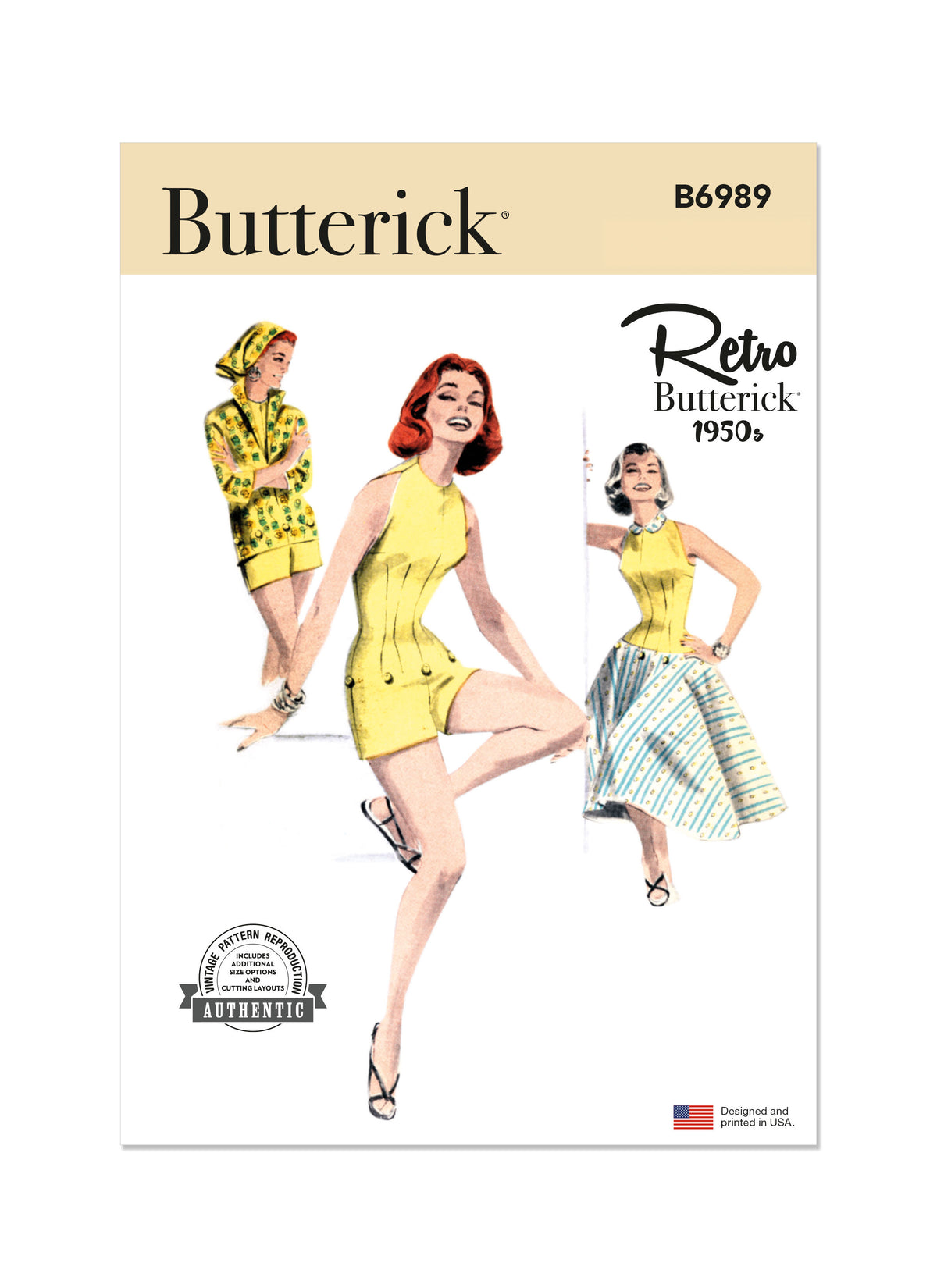 Butterick B6989 sewing pattern envelope showing a vintage 1950s playsuit, blouse and skirt