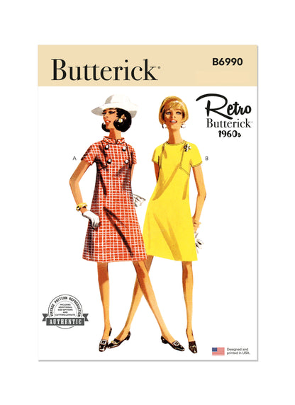 Butterick B6990 sewing pattern envelope showing a vintage 1960s one-piece dress