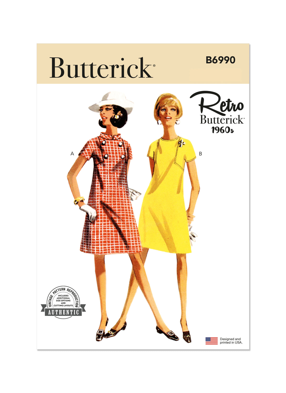 Butterick B6990 sewing pattern envelope showing a vintage 1960s one-piece dress