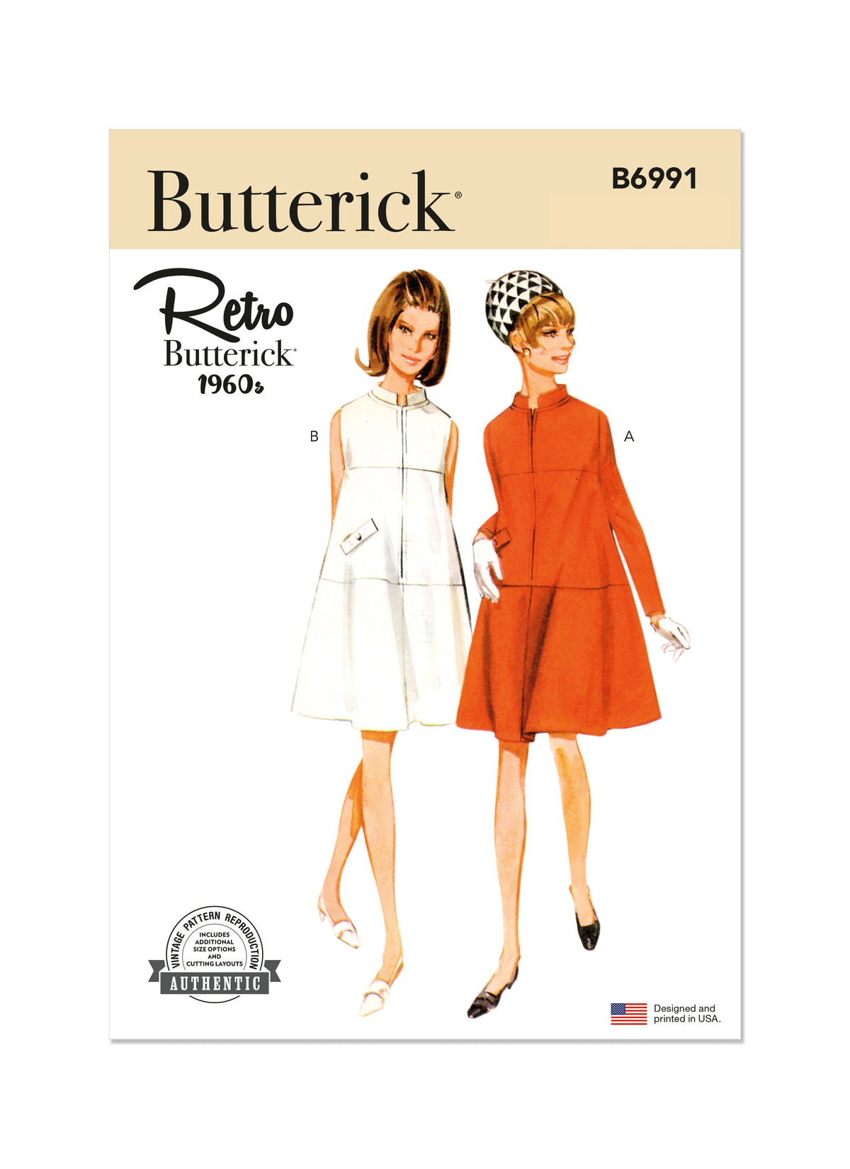 Butterick B6991 sewing pattern envelope showing a vintage 1960s one-piece dress