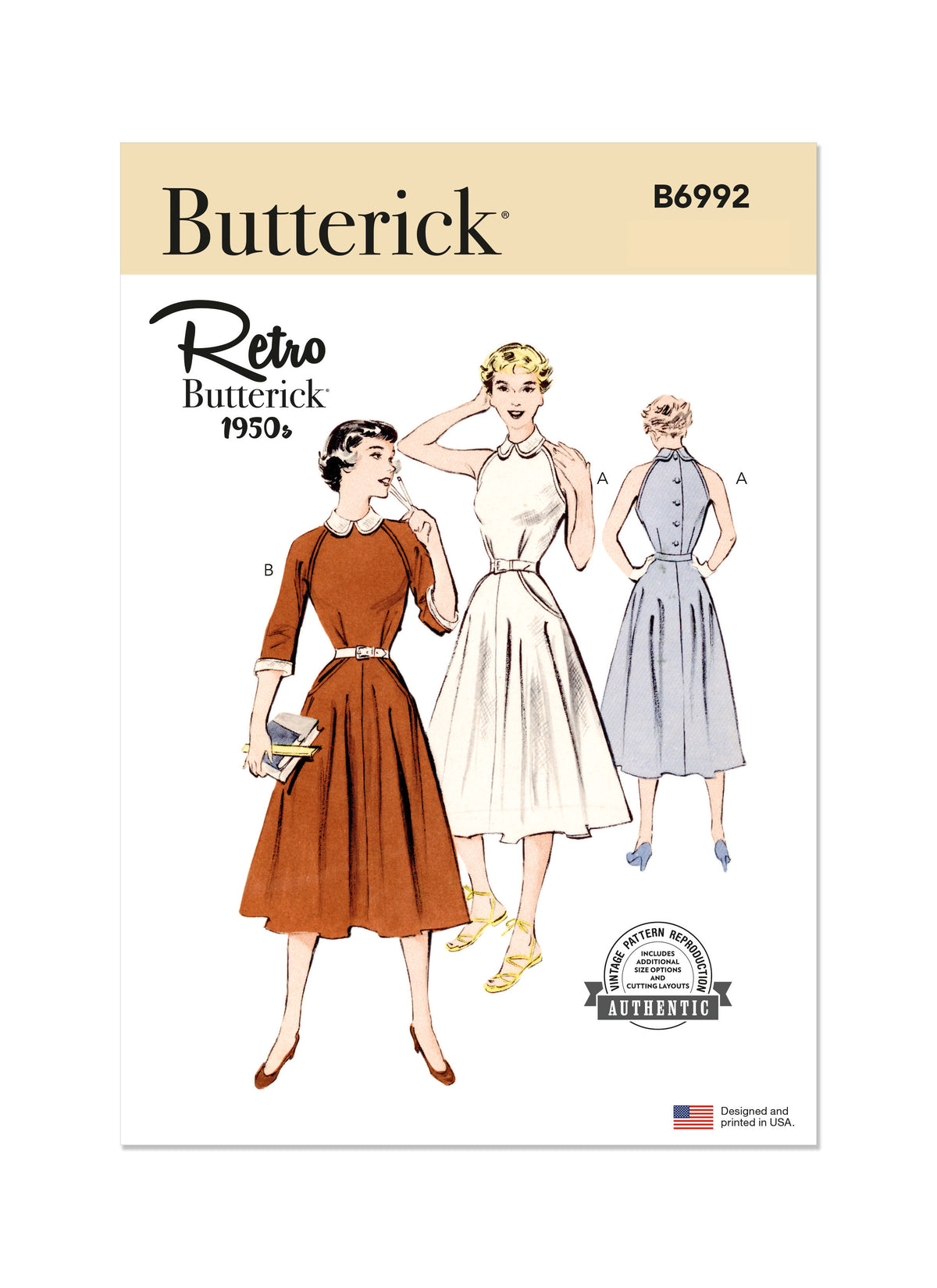 Butterick B6992 sewing pattern envelope showing 1950s dress designs