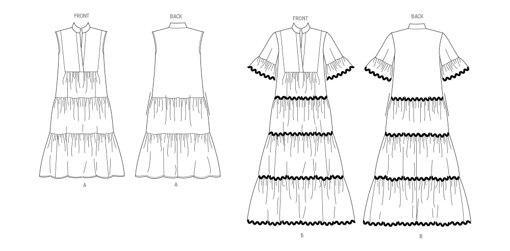 Butterick B6993 sewing pattern envelope showing tiered dress designs