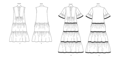 Butterick B6993 sewing pattern envelope showing tiered dress designs