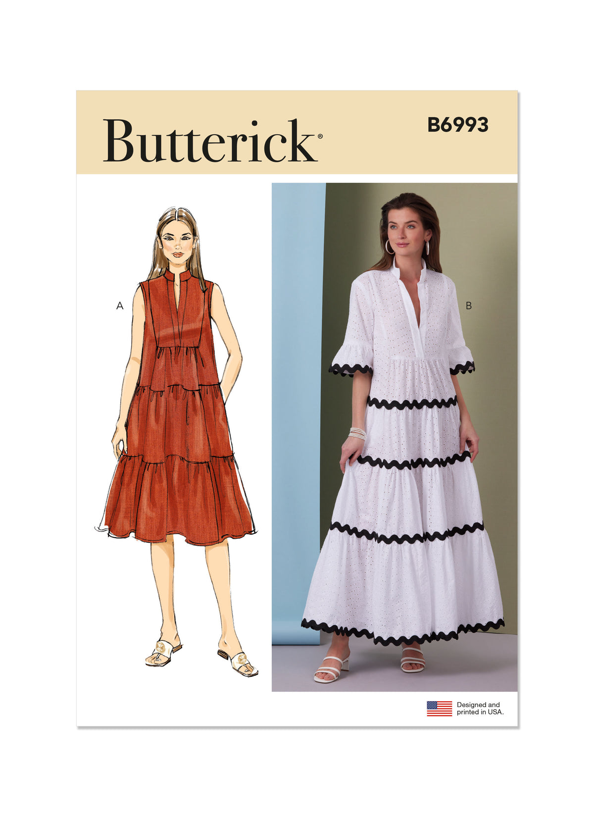 Butterick B6993 sewing pattern envelope showing tiered dress designs