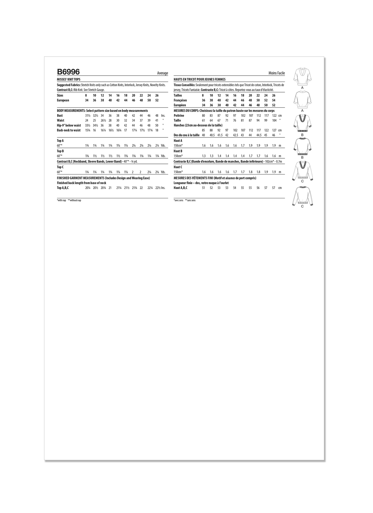 Butterick B6996 sewing pattern envelope showing crossover top designs