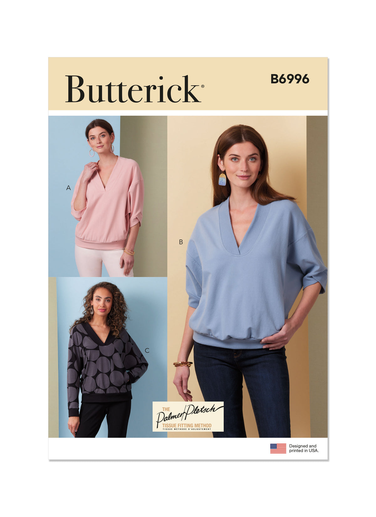 Butterick B6996 sewing pattern envelope showing crossover top designs