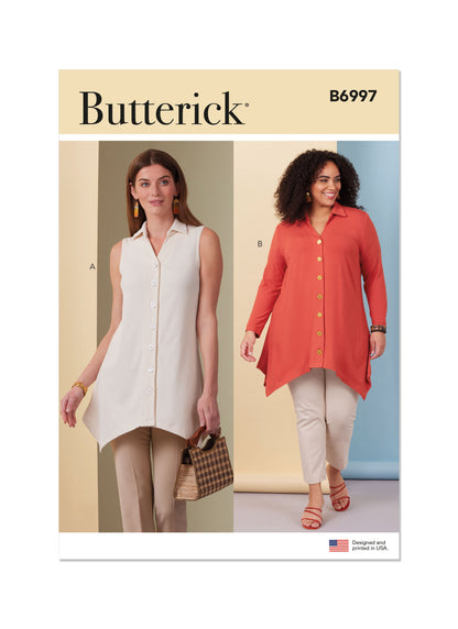 Butterick B6997 sewing pattern envelope showing knit shirt designs