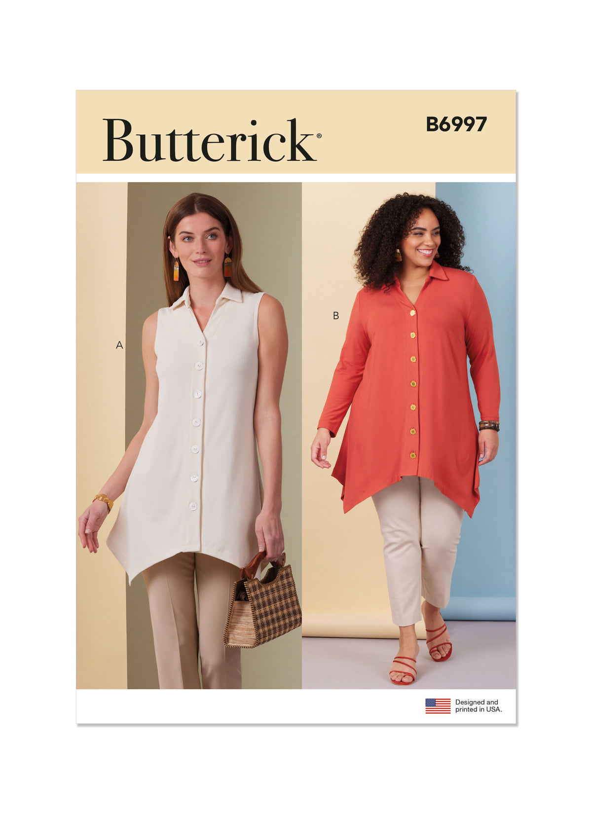 Butterick B6997 sewing pattern envelope showing knit shirt designs