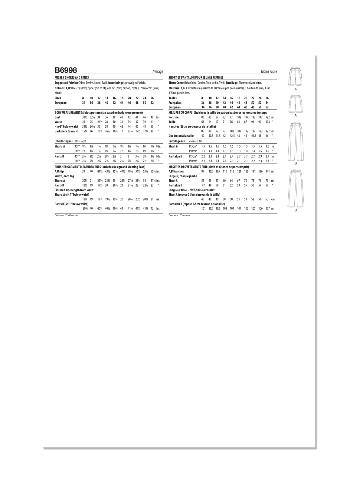 Butterick B6998 sewing pattern envelope showing shorts and trousers designs