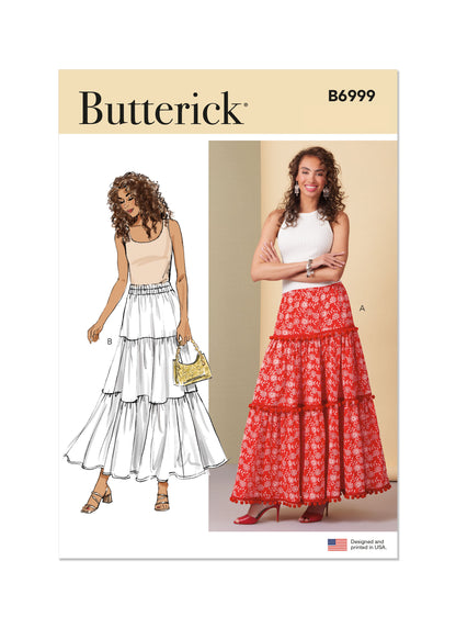 Butterick B6999 sewing pattern envelope showing tiered skirt designs