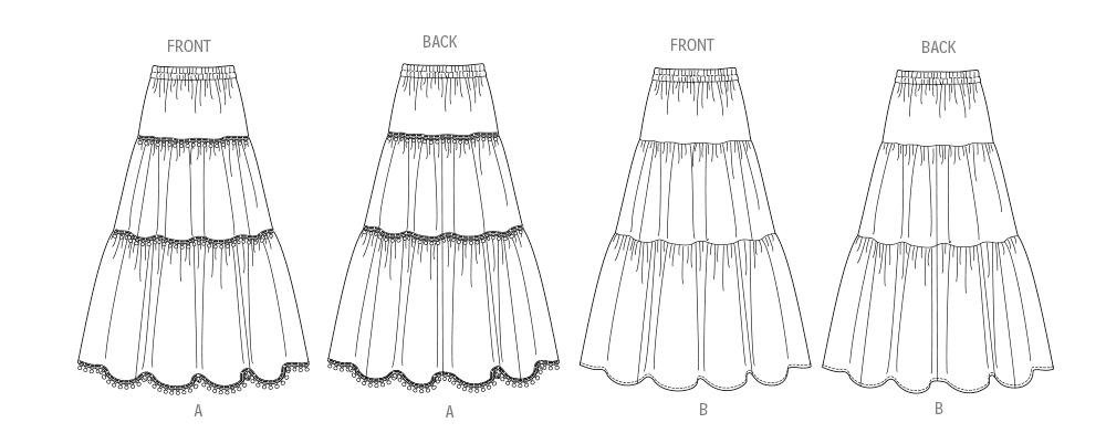 Butterick B6999 sewing pattern envelope showing tiered skirt designs