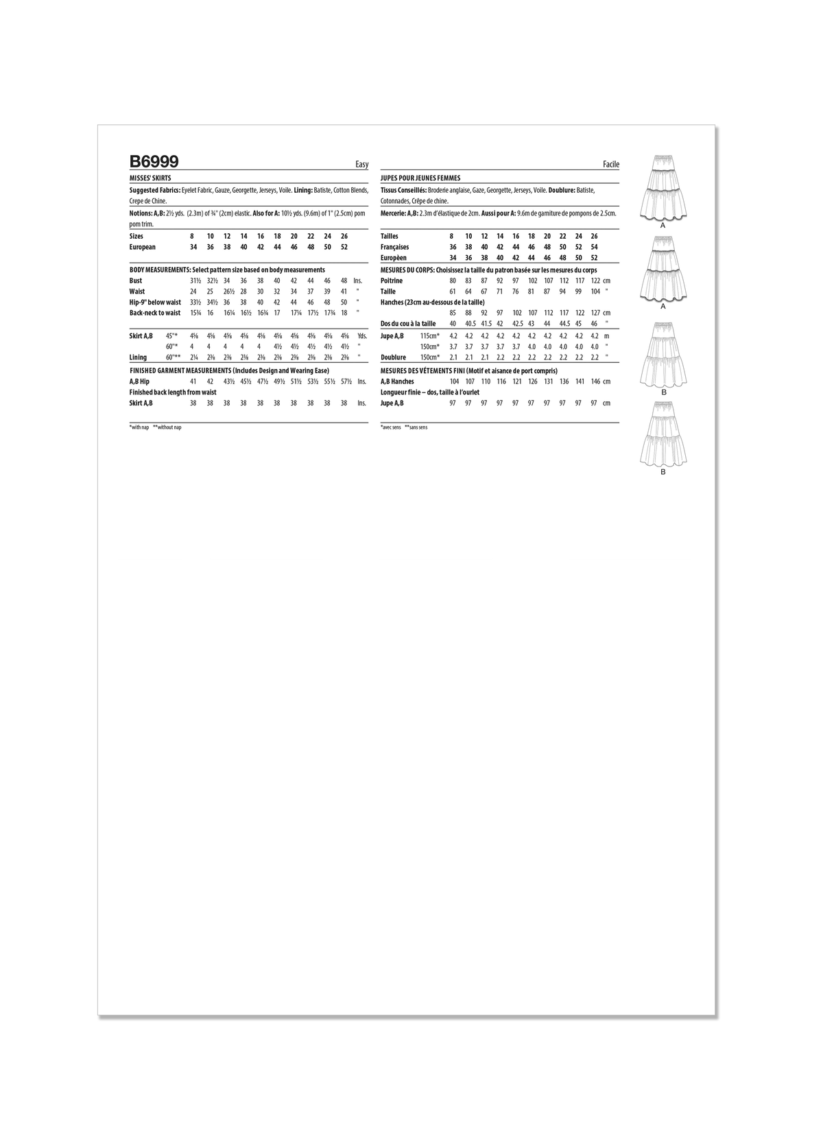 Butterick B6999 sewing pattern envelope showing tiered skirt designs