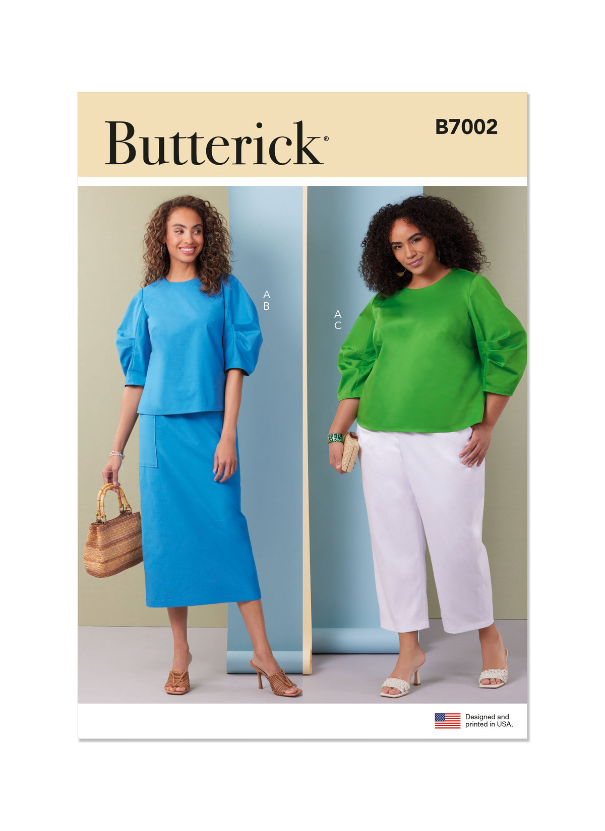 Butterick B7002 sewing pattern envelope showing puff sleeve top designs