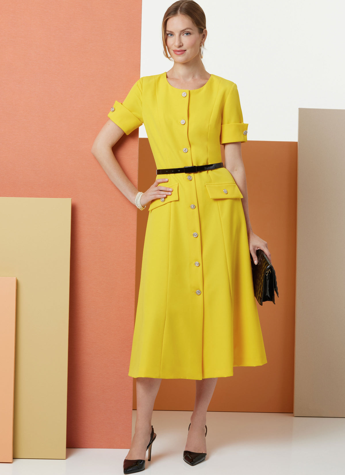 Butterick B7005 sewing pattern envelope showing fit and flare dress designs