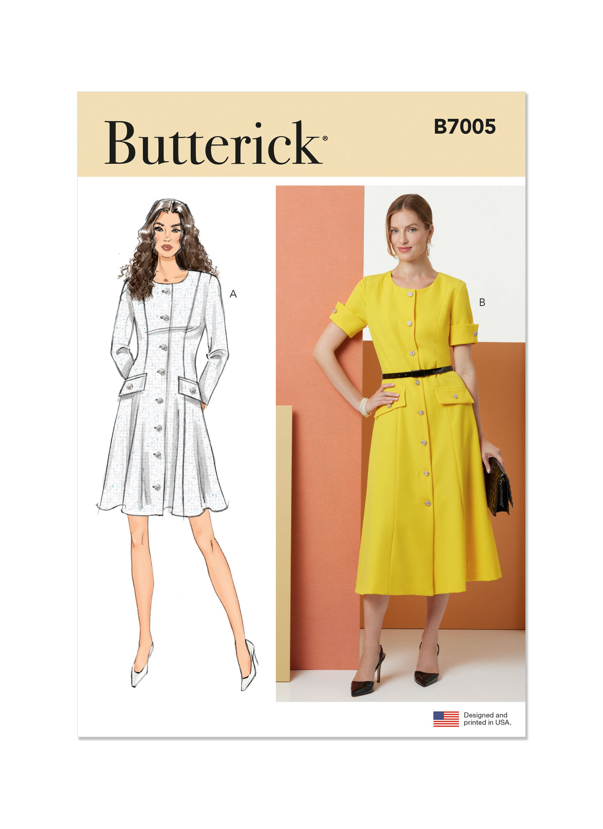Butterick B7005 sewing pattern envelope showing fit and flare dress designs