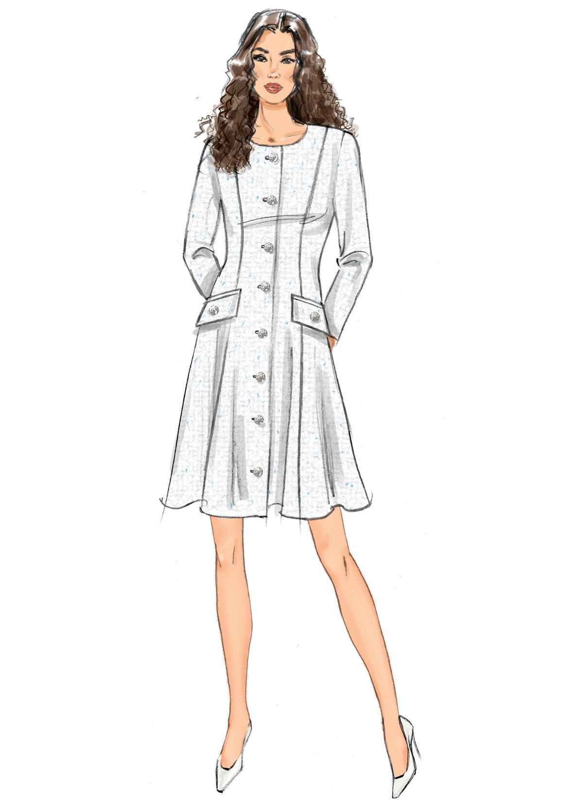 Butterick B7005 sewing pattern envelope showing fit and flare dress designs