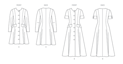 Butterick B7005 sewing pattern envelope showing fit and flare dress designs