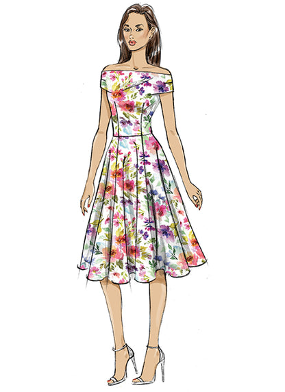 Butterick B7006 sewing pattern envelope showing off shoulder dress designs