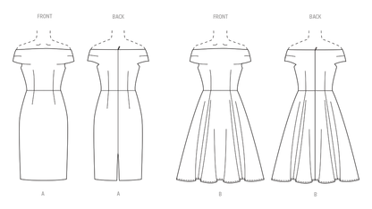 Butterick B7006 sewing pattern envelope showing off shoulder dress designs