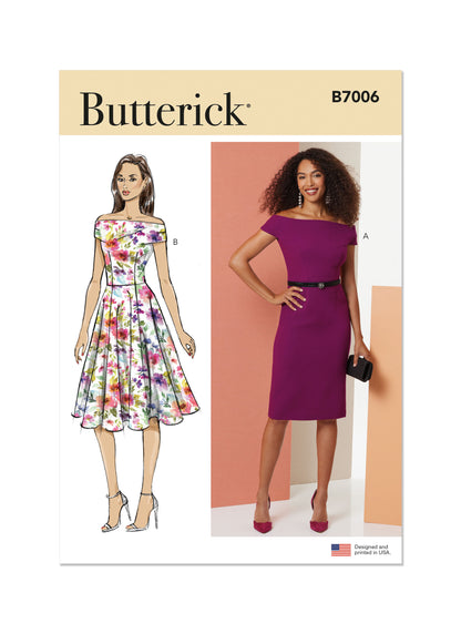Butterick B7006 sewing pattern envelope showing off shoulder dress designs