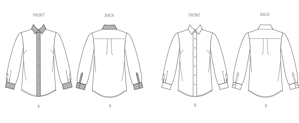 Butterick B7010 sewing pattern envelope showing button front shirt designs